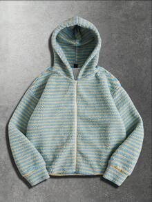 ROMWE MEN Street Life Men's Striped Fluffy Hooded Loose Jacket, Winter - Multicolor - View 1