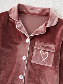 女孩睡衣，柔软韩国羊毛面料，带口袋和心形刺绣，长袖上衣和两件套睡衣套装 - 鏽棕色 - 查看 7