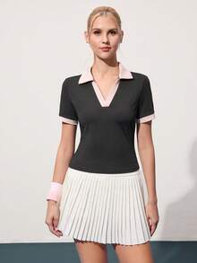 Gameset SHEIN Sport 女式简约撞色修身短袖运动 Polo 衫，夏季 - 黑色 - 查看 3