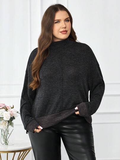 Modelyn Plus Size Women Casual Crew Neck Ribbed Patchwork Knit Texture Pullover Top, Autumn/Winter