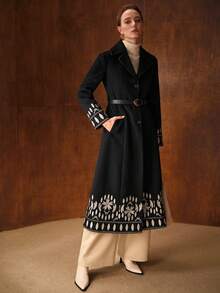 MOTF PREMIUM Abrigo de lana negro bordado de doble cara de moda para mujer, otoño/invierno - Negro - Ver 6