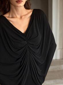 Đầm midi dài tay cổ chữ V thanh lịch cho nữ, màu trơn - màu đen - Xem 2