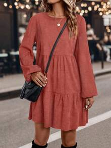 SHEIN LUNE فستان كاجوال فضفاض بأكمام فانوس وذيل مكرمل بلون أحادي بياقة مستديرة للنساء - الأحمر - مشاهدة 4