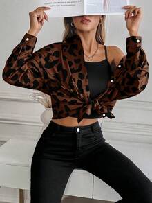 SHEIN LUNE Áo sơ mi nữ tay dài hở vai họa tiết da báo dáng rộng thoải mái, áo sơ mi nữ mùa xuân và mùa hè - Nhiều màu - Xem 6