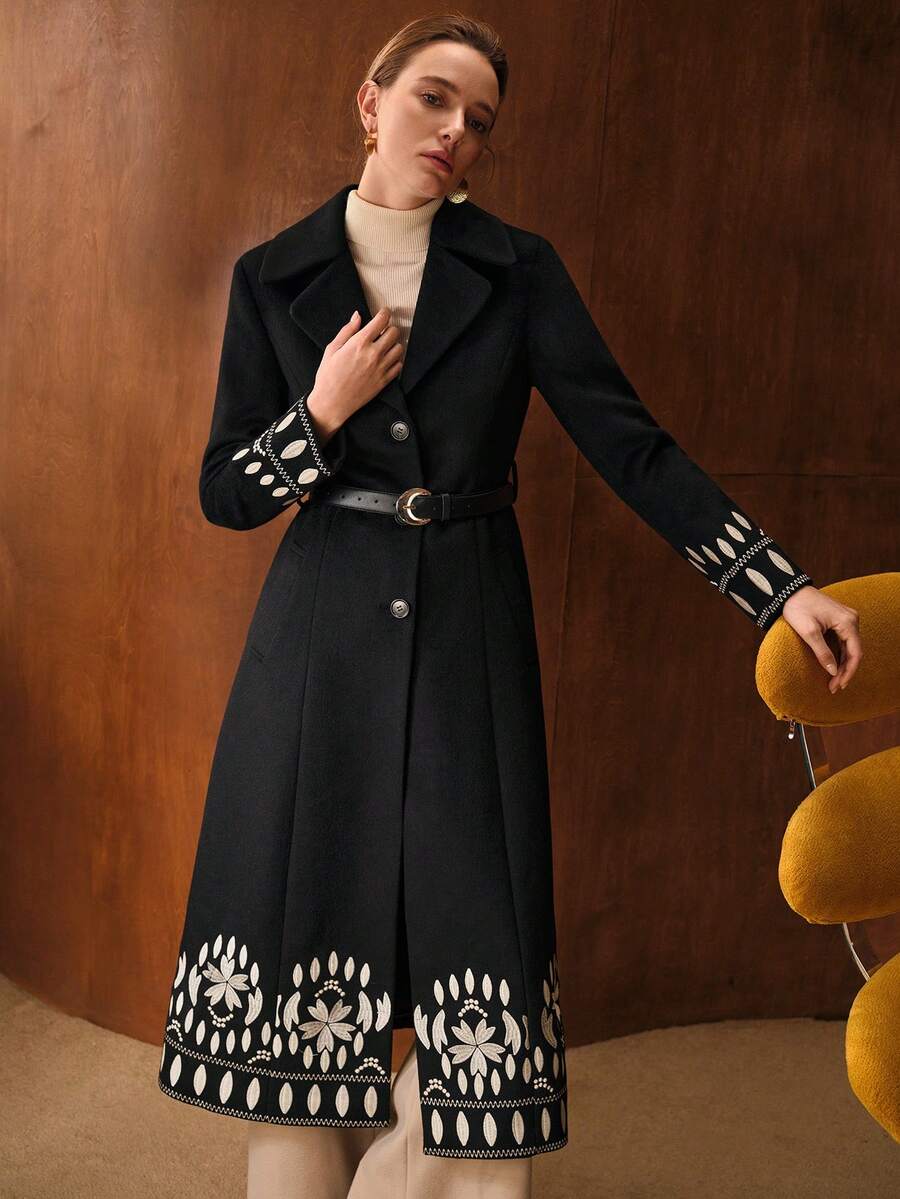 MOTF PREMIUM Abrigo de lana negro bordado de doble cara de moda para mujer, otoño/invierno