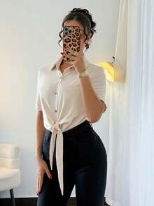 Rafferiza Casual Fashion Elegant Commuting Daily Versatile Knot Waist Lapel Short Sleeve Textured Apricot Blouse For Women, Spring/Summer