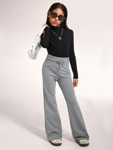 Radiana Tween Girl Fashion Casual Knitted Flared Pants - Grey - View 7