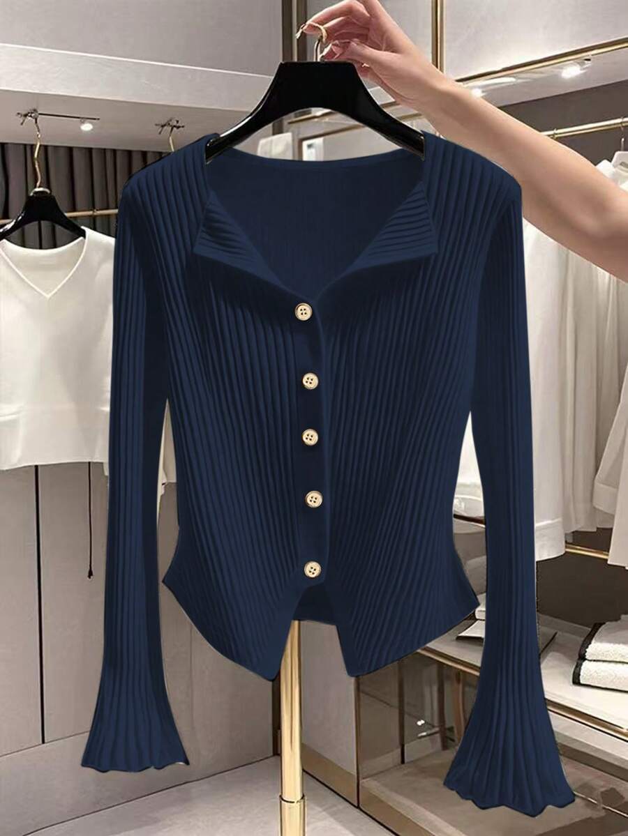 GlowEve 女式纯色长袖单排扣休闲罗纹T恤 - 藏蓝色 - 查看 1