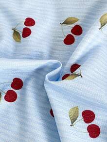 2pcs Girls Casual Cherry Striped Print Button Front Comfortable Loungewear Set Blue Clothes Set Cherry Pajama Set Cherry Kids Outfit Cherry Two Piece Set For Girl Pajama Set Pajama Set Teen Girls Girl Sleepwear - Blue - View 6