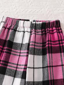 2pcs Girls Plaid Pajama Set With Ruffle Hem And Bow Accent, Comfortable Cotton Loungewear