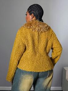 Maweii Vintage Knit Collar Plus Size Jacket, Christmas Red Party - Yellow - View 3
