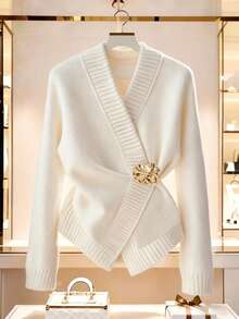 SHEIN Franclia Áo len cardigan nữ dáng dài thanh lịch, dễ mặc, đa năng, màu trắng, eo thon, cổ chữ V, cổ chữ thập, tay dài, trang trí kim loại tinh tế, họa tiết xếp ly, che đi khuyết điểm, giúp bạn trông thon gọn hơn. - trắng - Xem 2