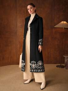 MOTF PREMIUM Abrigo de lana negro bordado de doble cara de moda para mujer, otoño/invierno - Negro - Ver 7