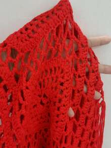 Swim Vcay 2025 Women's Solid Color Hollow Out Tassel Hem Cover Up & Mini Skirt Set - Red - View 6