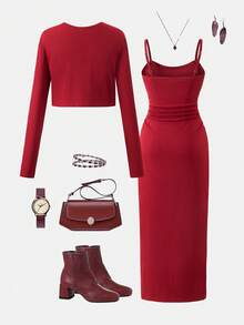 2pcs/Set Girls Solid Color Cropped Cardigan & Bodycon Camisole Dress Set, Suitable For Daily Wear And Gatherings, Fit For 13-16 Years Old