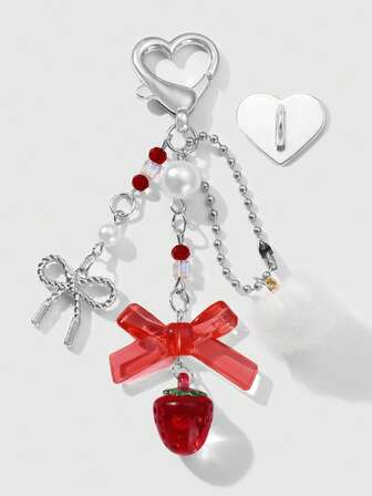 Kawaii 1 pezzo Stile Ins Ciondolo portachiavi in resina delicato e minimalista con stella cava, fiocco e finta perla a forma di fragola, versatile per ragazze e donne per uso quotidiano, regalo ideale