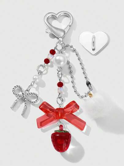 Kawaii 1 pieza Estilo Ins Delicado Minimalista Estrella Hueca Lazo Perla Falsa Fresa Colgante de Resina Llavero, Versátil para Niñas y Mujeres para Uso Diario, Regalo Ideal