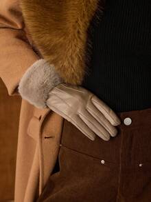 Khaki Thickened Warm Five-Finger Leather Gloves, Autumn/Winter - Khaki - View 6