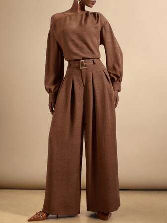 SHEIN Veneréa 1 套女士纯色褶皱阔腿裤和斜肩上衣，优雅