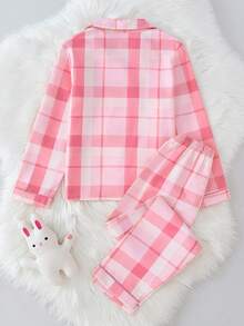 Tween Girls Pajamas-Pajama Set Plaid Pink Lapel Long Sleeve Top Elastic Waist Pants Cute Rabbit Embroidery Comfortable Loungewear Four Season Sleepwear 2026 New Year Essential - Pink - View 2