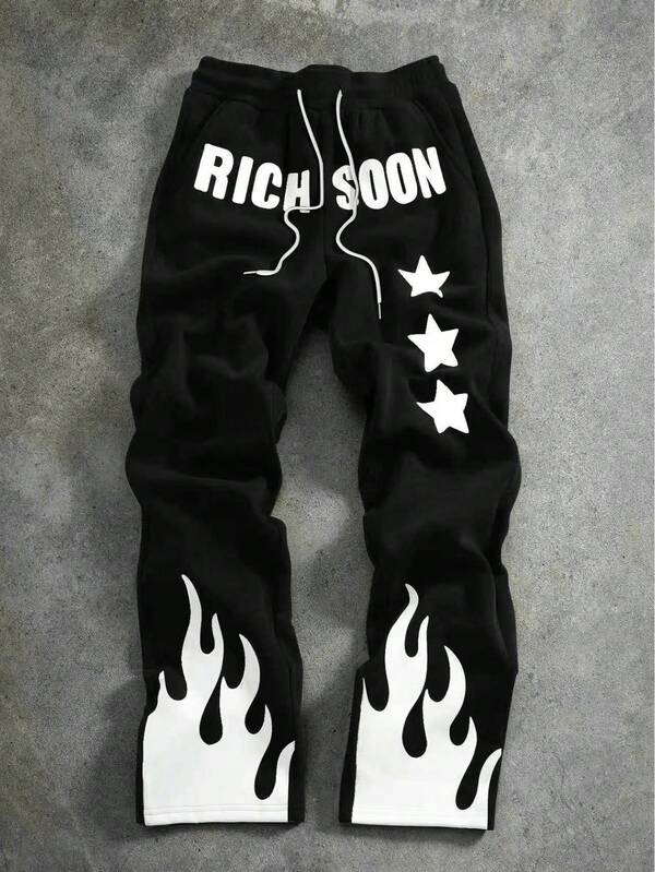PAVTROS Men's Casual Contrast Color Flame & Letter Print Sweatpants, Autumn/Winter Black Graphic Sweat Pants Men Graphic Pants Letter Print Elastic Pants Men Sweatpants Goth Sweatpants