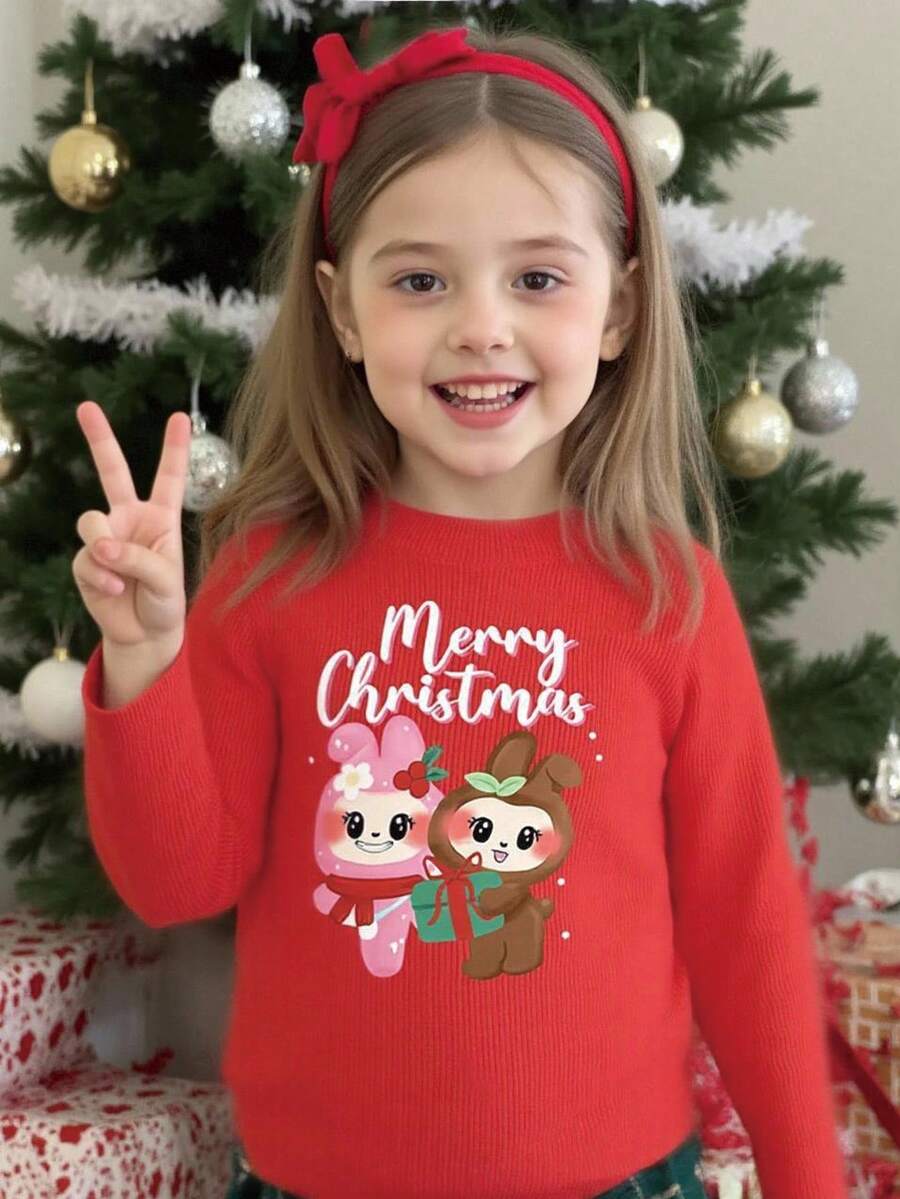 1pc Young Girl Red Christmas Sweater,Long Sleeve Autumn Holiday Cute Rabbit Graphic Print,Soft Loose Fit Casual Minimalist Fashion Versatile Knitwear - Light Grey - View 1