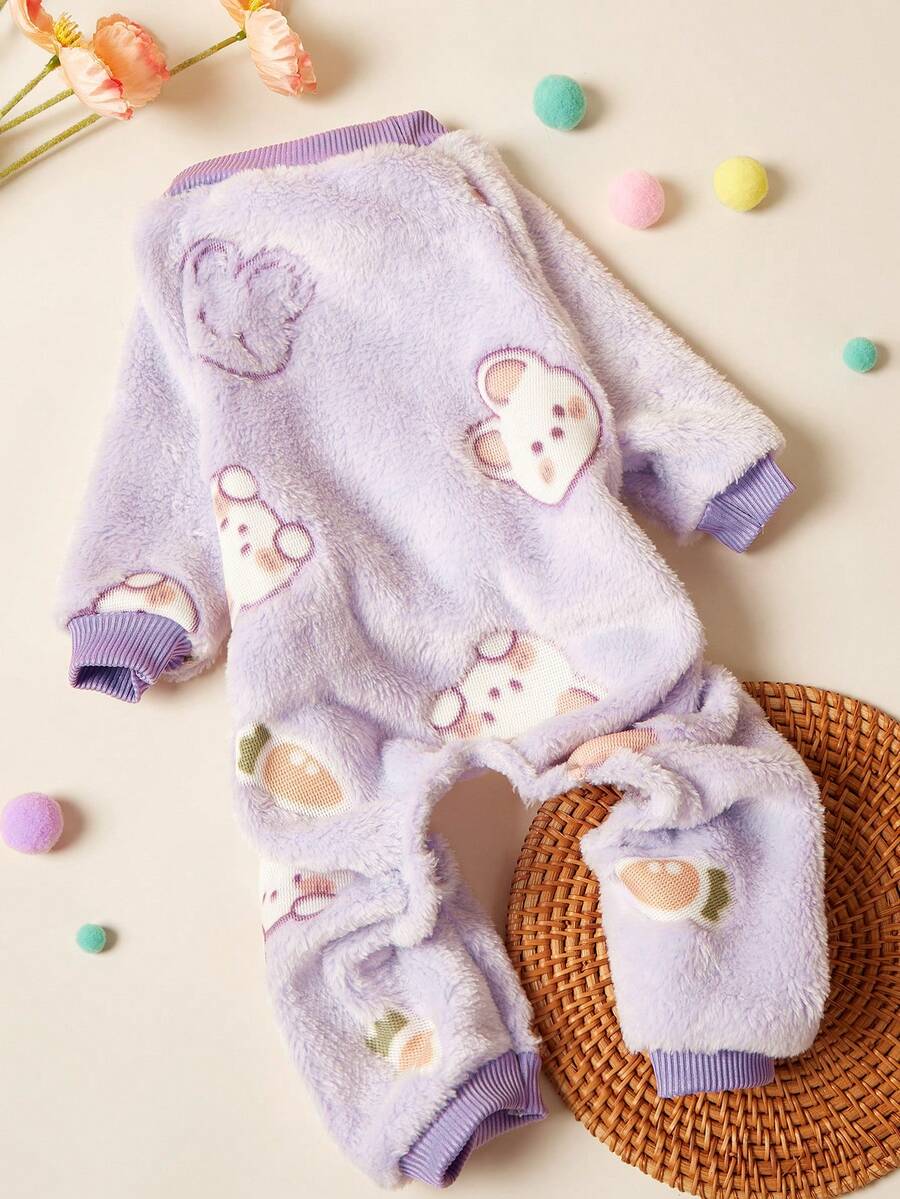 PETSIN 1件宠物猫狗通用紫色兔子花朵图案印花可爱时尚秋冬毛绒保暖舒适圆领狗狗连体衣