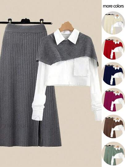 GlowEve 2件套女士不对称针织披肩和高开叉裙