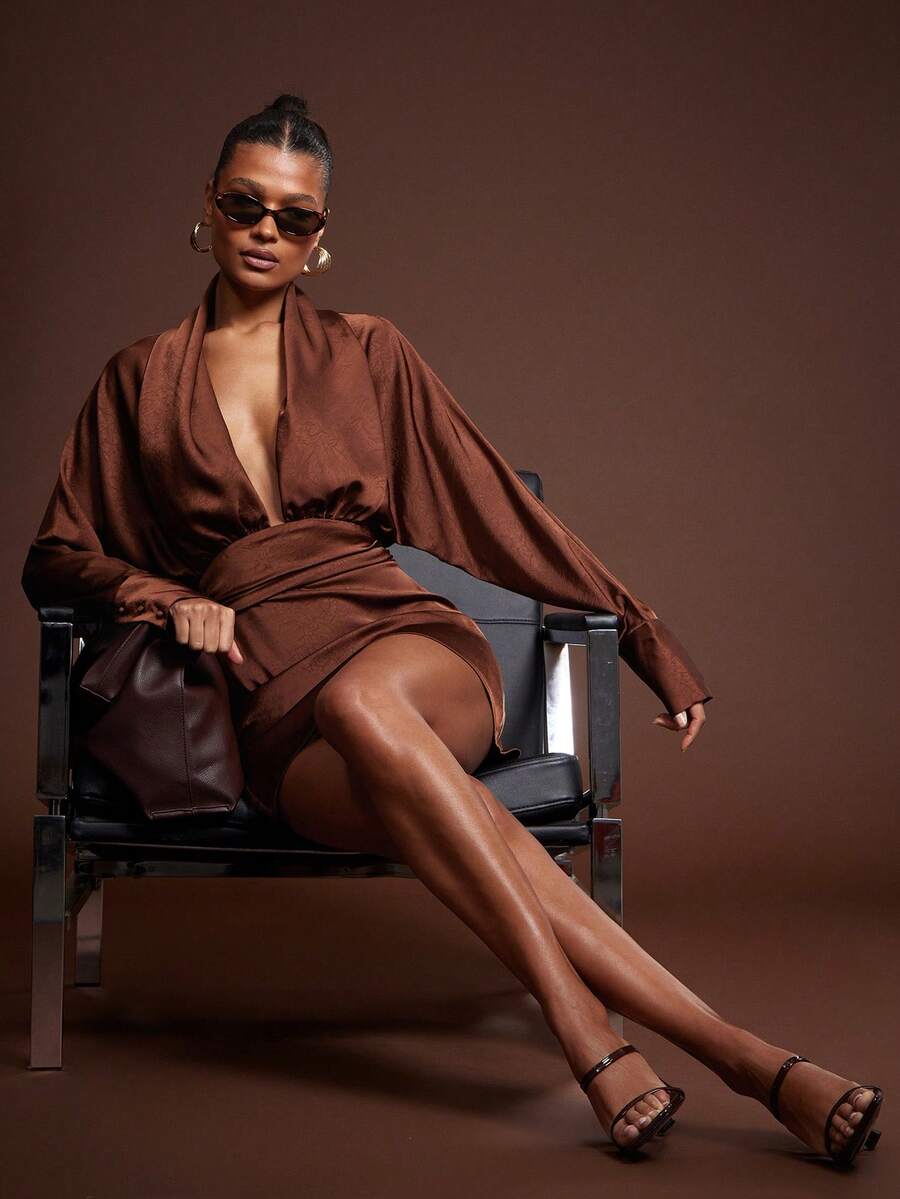 Hauture Women's Fashionable Sexy Deep V-Neck Gold Satin Mini Dress - Brown - View 1