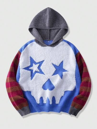 Pull ample à manches longues en tricot jacquard pour homme, avec capuche