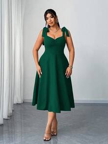 Elenzga Plus Size V-Neck Ruched Waist Slit Elegant Romantic Dress For Women Green St Patricks Day St Patrick's Day - Dark Green - View 6