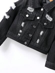 年轻女孩 Y2K 休闲翻领破洞水洗蓝色牛仔夹克，合身 - 黑色 - 查看 4