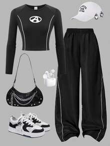 2pcs/Set Girls Graphic Letter Print Long Sleeve Crew Neck Top And Wide Leg Pants Casual Outfit - Black - View 1