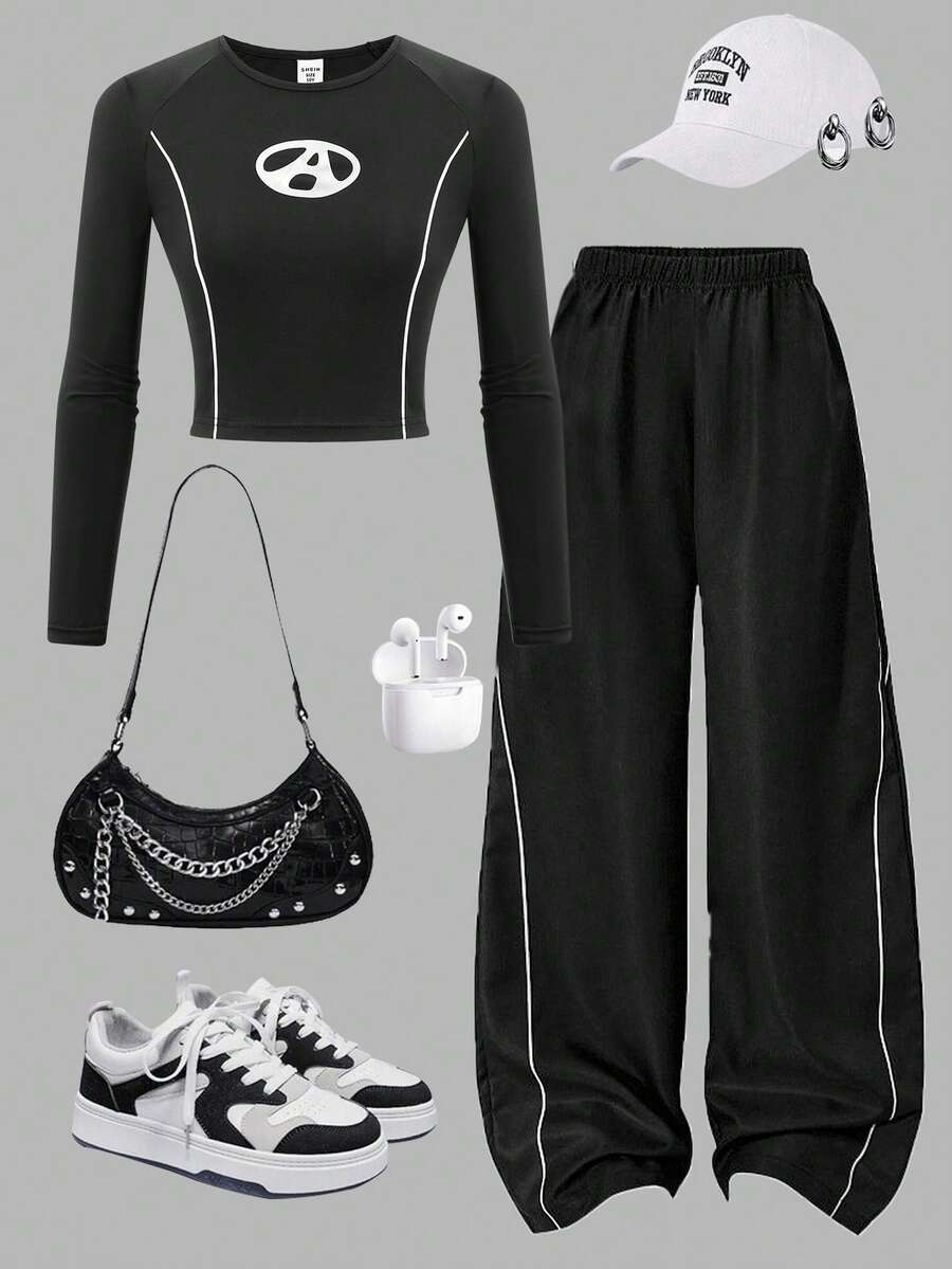 2pcs/Set Girls Graphic Letter Print Long Sleeve Crew Neck Top And Wide Leg Pants Casual Outfit - Black - View 1