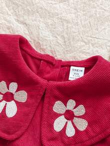 SHEIN Vintaside Kids 1 件幼儿女童舒适休闲韩版翻领 3D 刺绣灯芯绒长袖百搭上衣，适合春秋冬日常穿着 - 紅色 - 查看 5