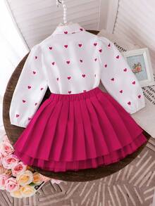 Elladie kids Girls Casual Pink Mesh Skirt Set, Heart Print Collar Shirt & Pleated Skirt With Mesh Lining, Elegant Vacation Outfit For Autumn - Hot Pink - View 2