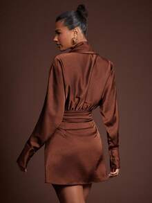 Hauture Women's Fashionable Sexy Deep V-Neck Gold Satin Mini Dress - Brown - View 4