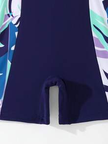 Tween Girl Tropical Print Patchwork One-Piece Swimsuit,Modest Navy Blue Swimwear For Women Teenage Girls,Summer Casual Beach Vacation Holiday Tankini - Navy Blue - View 3