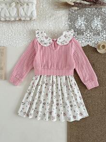 SHEIN 女婴花卉提花针织连衣裙，带荷叶边下摆，舒适柔软，适合春秋冬季，休闲穿着或送礼 - 粉色 - 查看 5