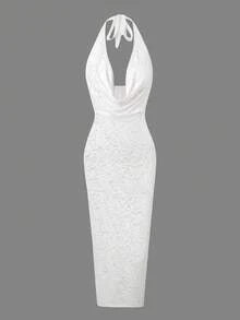 Bonvoyette Women's Paisley Lace Texture Fabric Casual Loose Backless Dress/Cover-Up, Suitable For Beach, Resort, Summer & Autumn/Winter White Halter Neck Dress White Mermaid Dress White Lace Backless Dress Rehersal Dinner Dress White White Elegant Evening Gown White Backless Dress White Elegant Dresses - White - View 3