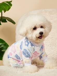 PETSIN 1pc Pet Cat Dog Universal White Pink Flower Pattern Printed Cute Fashion Autumn/Winter Plush Warm And Comfortable Round Neck Dog Jumpsuit - White - View 2