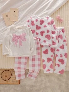 SHEIN Playful Pals 4pcs Girls Casual Plush Loungewear Set, Includes Cloud & Heart Embroidered Checkered Pattern Long Pants And Long Sleeve Top, Comfortable & Cozy