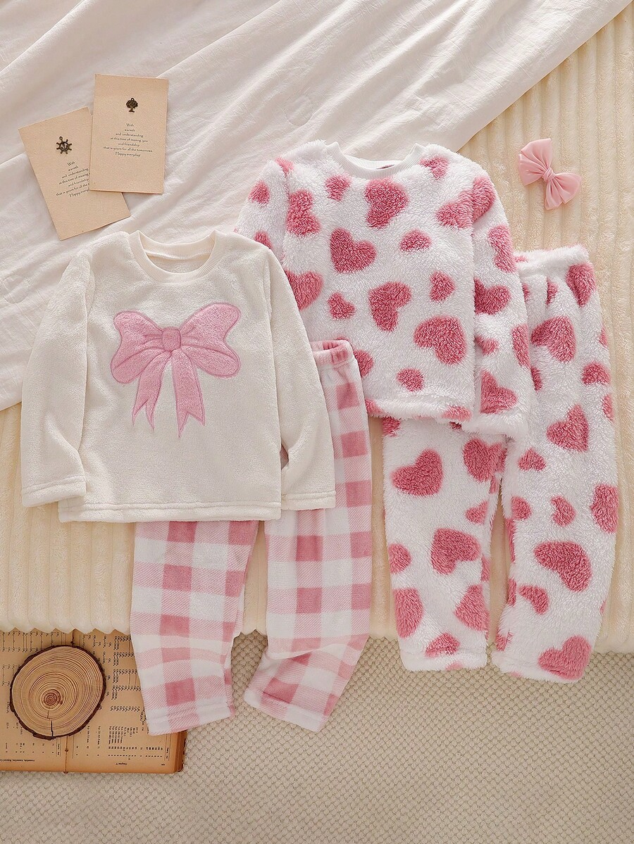 SHEIN Playful Pals 4pcs Girls Casual Plush Loungewear Set, Includes Cloud & Heart Embroidered Checkered Pattern Long Pants And Long Sleeve Top, Comfortable & Cozy