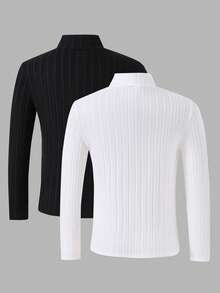 Vacaura 2件套 男童/青少年男童罗纹针织高领长袖T恤，秋冬新款百搭单品 - 黑與白 - 查看 2