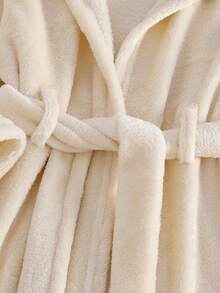 小女孩可爱小熊刺绣长袖连帽长袍睡衣，柔软保暖毛绒 - 杏色 - 查看 5