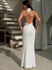 Bonvoyette Women's Paisley Lace Texture Fabric Casual Loose Backless Dress/Cover-Up, Suitable For Beach, Resort, Summer & Autumn/Winter White Halter Neck Dress White Mermaid Dress White Lace Backless Dress Rehersal Dinner Dress White White Elegant Evening Gown White Backless Dress White Elegant Dresses - White - View 2