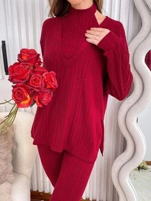 SHEIN 酒红色纯色针织立领上衣和打底裤休闲睡衣套装，女士酒红色家居服两件套，女士长袖家居服套装，舒适保暖，秋冬服装 - 酒紅色 - 查看 5