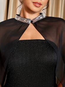 Cravure Plus Size Women's Elegant Black Summer Chiffon Strapless Bodycon Party Dress,Formal Dinner Evening Church Dress With Cape Curve Autumn Dress - Black - View 7