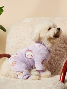 PETSIN 1件宠物猫狗通用紫色兔子花朵图案印花可爱时尚秋冬毛绒保暖舒适圆领狗狗连体衣