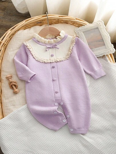 Souflis Souflis 女婴撞色领长袖休闲针织蕾丝花边前按扣连体衣